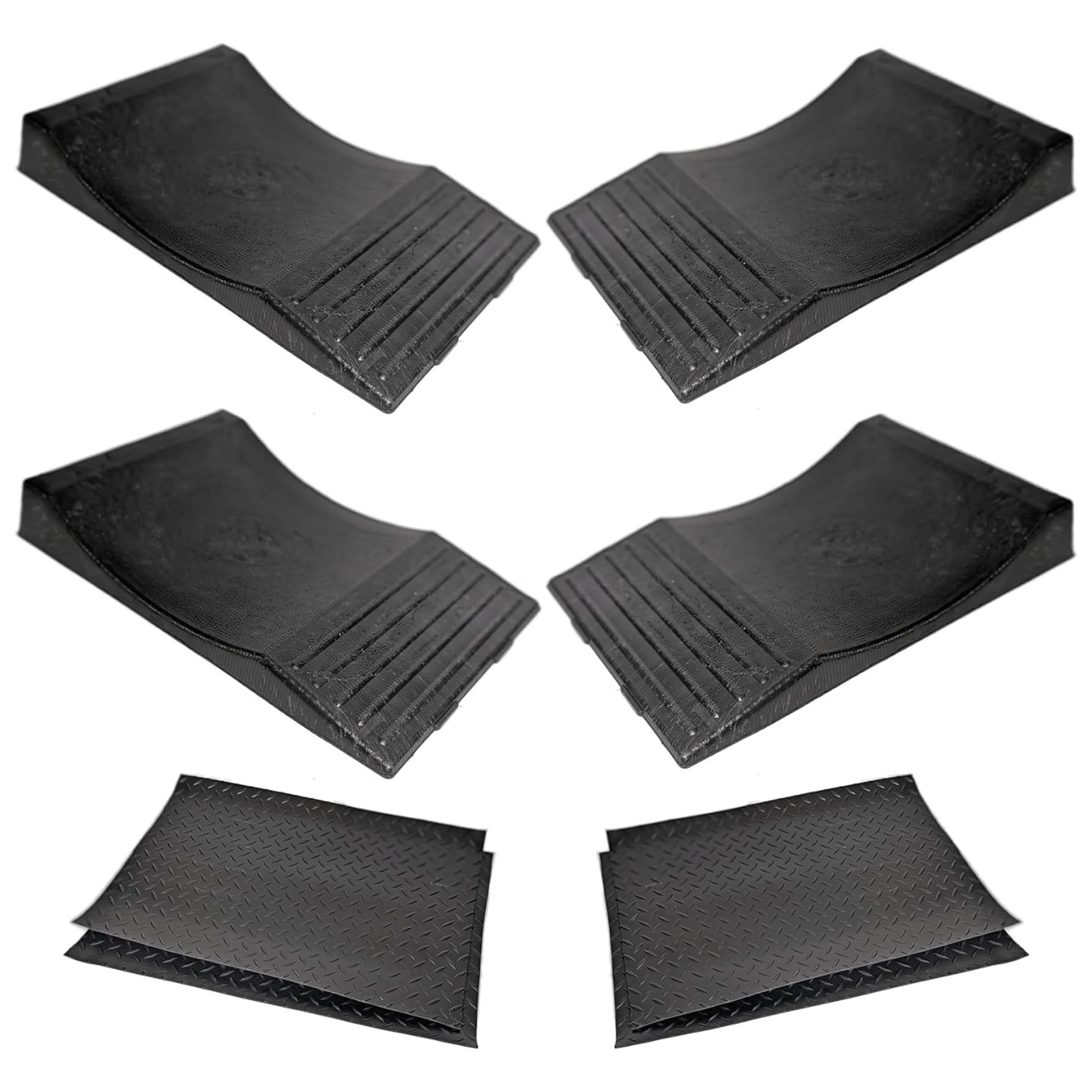 USA Made Extra-Wide Heavy-Duty Flat-Free Tire Ramps with 4 Thick Mats – Prevent Flat Spots During Long-Term Storage – Non-Slip HDPE Ramps Support 10 Tons – for Cars, RVs, Trucks – Set of 4