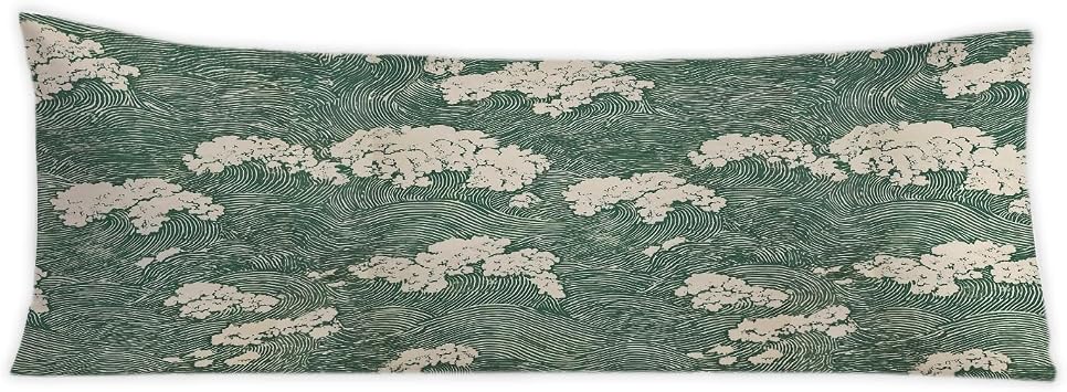 Japanese Waves 20x54 Body Pillow Cover, Japandi Home Decor, Traditional Oriental Forest Green Sea Waves Decorative Long Body Pillow Cases for Bed Couch