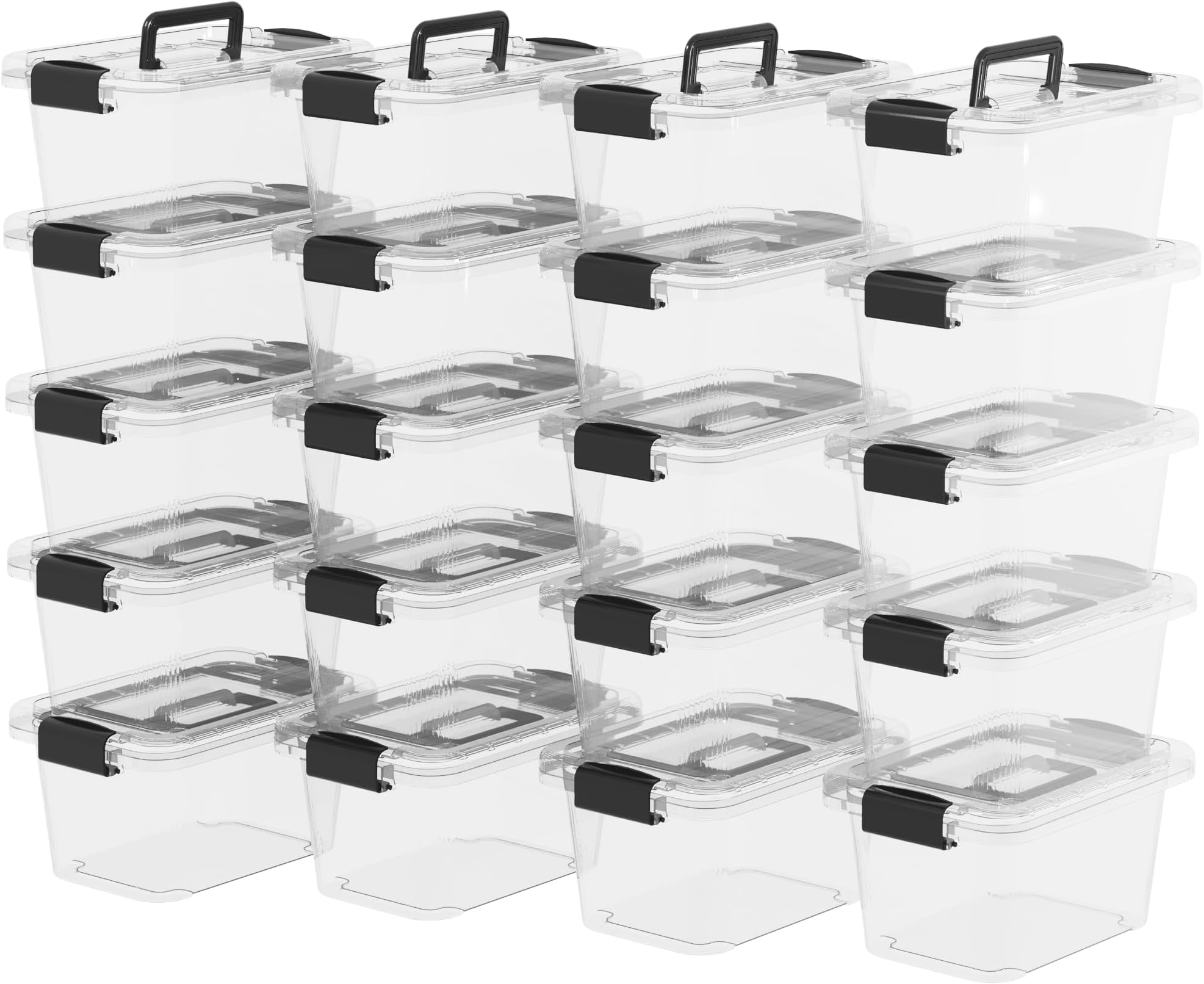 Cetomo Lidded Storage Bin, Tote Organizing Container with Handle and Buckles, Stackable, Plastic, Clear, 6.8Qt, Pack of 20