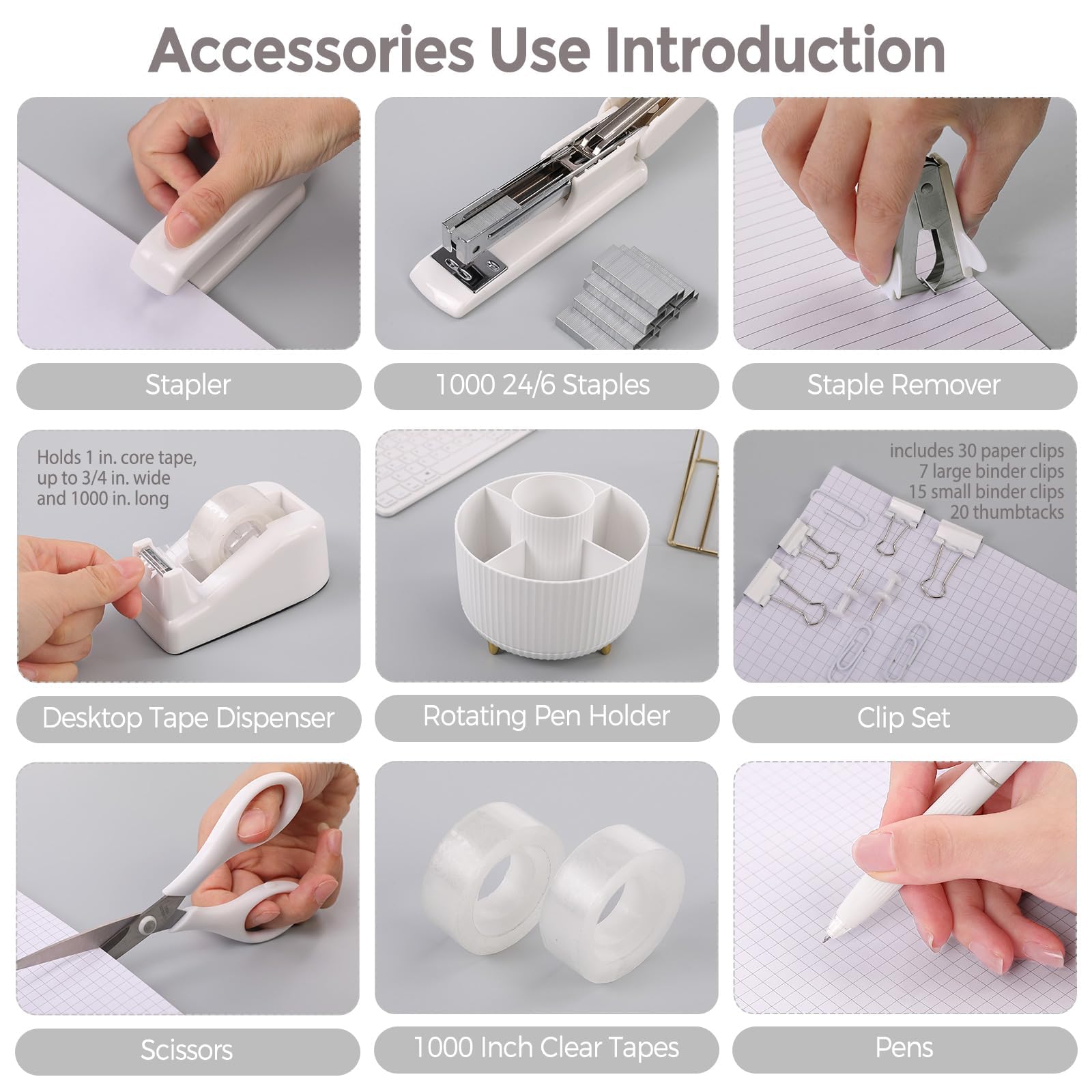 SKYDUE Juego de suministros de oficina blancos, accesorios de escritorio de oficina, 10 piezas, soporte para lápices, grapadora, dispensador de cinta, tijeras, regla, carpeta/clips de papel y 1000