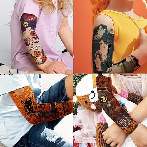 Miniatura 5 de Tatuajes temporales de brazo completo de Halloween para niños, 11 hojas de tatuajes de Halloween de brazo completo para niños y niñas, regalos de