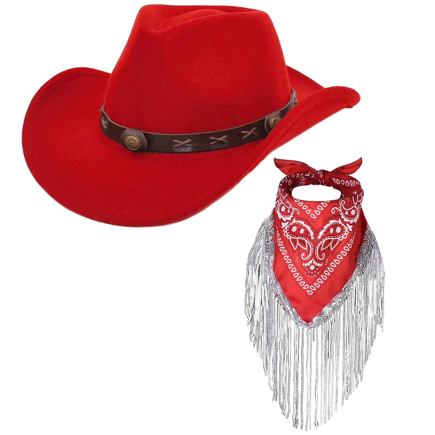 Cowboy Hat with Fringed Bandana Set for Women Wide Brim Western Cowgirl Hat Paisley Head Wrap Scarf