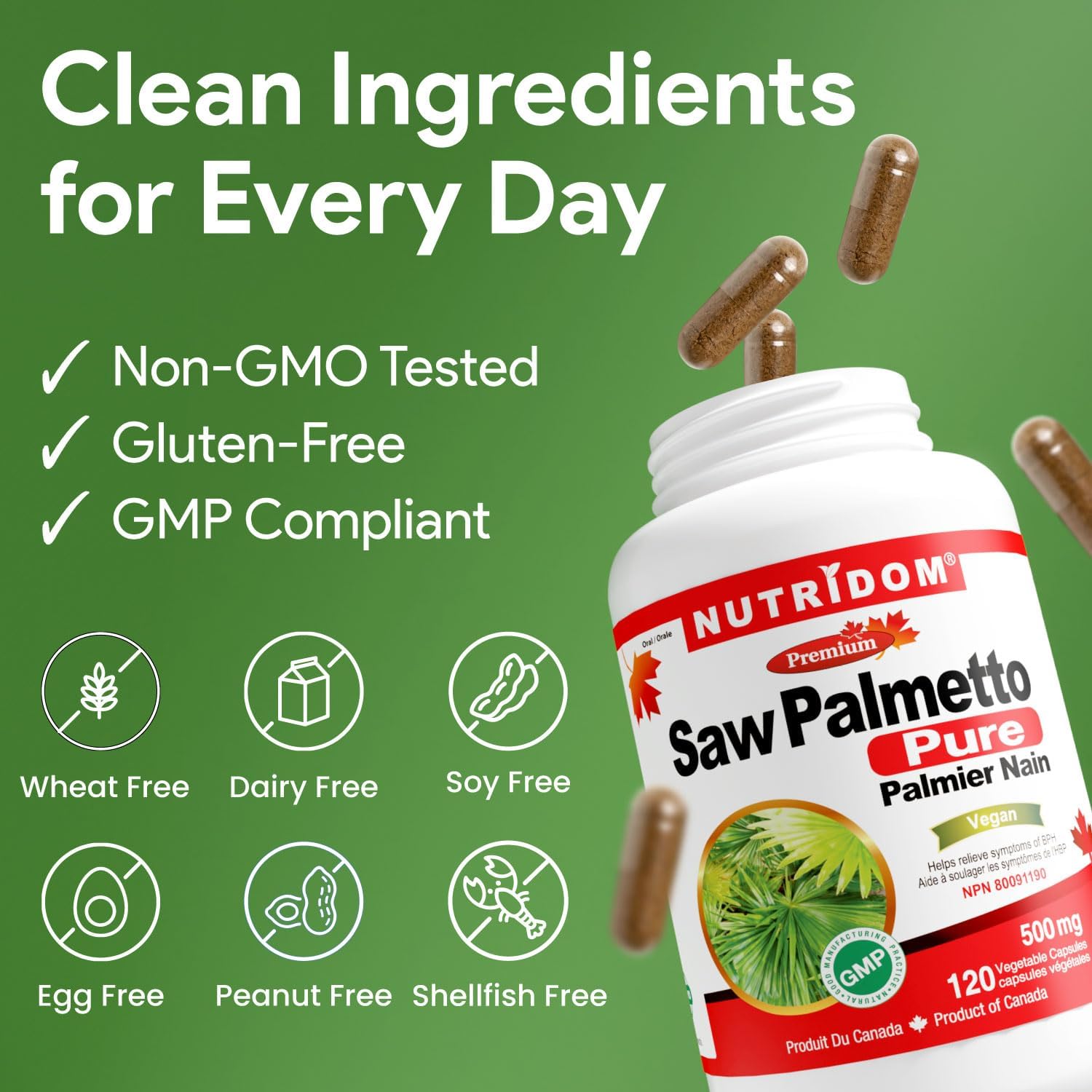 Nutridom Saw Palmetto 500mg, Non-GMO, Vegan, Gluten Free, Soy Free, and Dairy Free (120 Count)