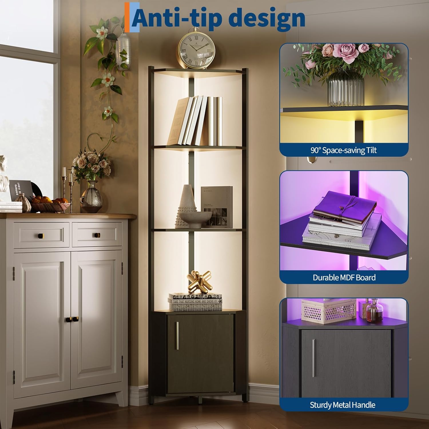 LED 5-Tier Corner Shelf Rack – Modern White Metal Frame & Wood – Adjustable Lighting, Space-Saving Floating Storage – Display Organizer for Living Room, Bedroom, Kitchen, Home Office – Black