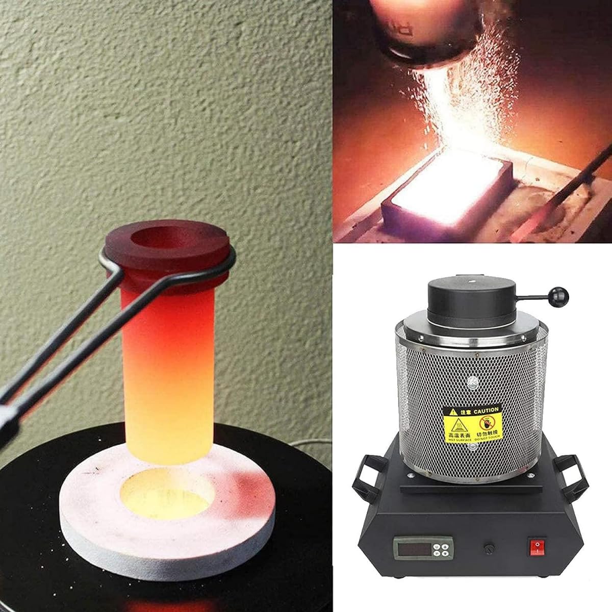 Horno de fusión eléctrico digital con crisol de grafito y pinzas, kit de fundición de metales de alta temperatura para fundición de metales preciosos