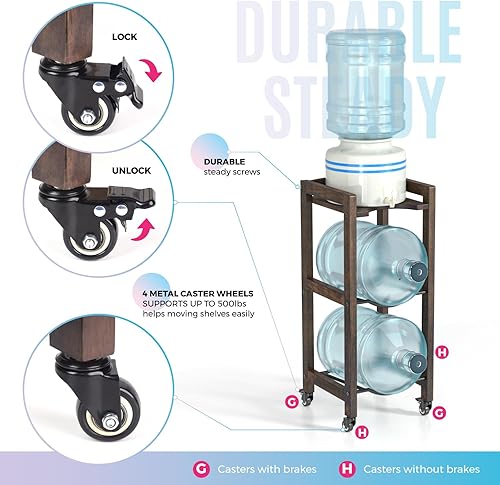 Miniatura 3 de Soporte para jarra de agua de 3 niveles y 5 galones con estante superior, 4 ruedas de metal o pies ajustables, soporte de piso dispensador de agua
