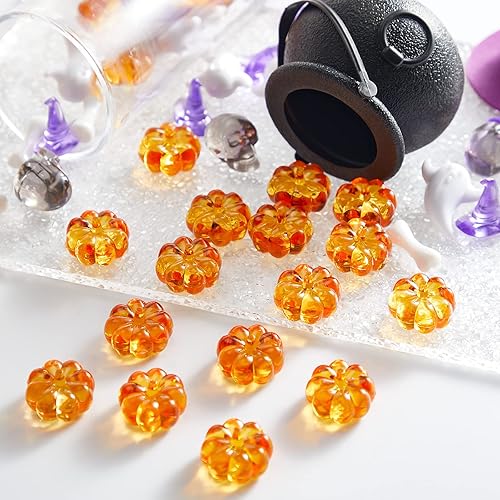 Miniatura 4 de 240 piezas de adornos de calabaza acrílica para Halloween, mini cabeza de calavera pequeña, sombreros de bruja pequeños, mini huesos de esqueleto,