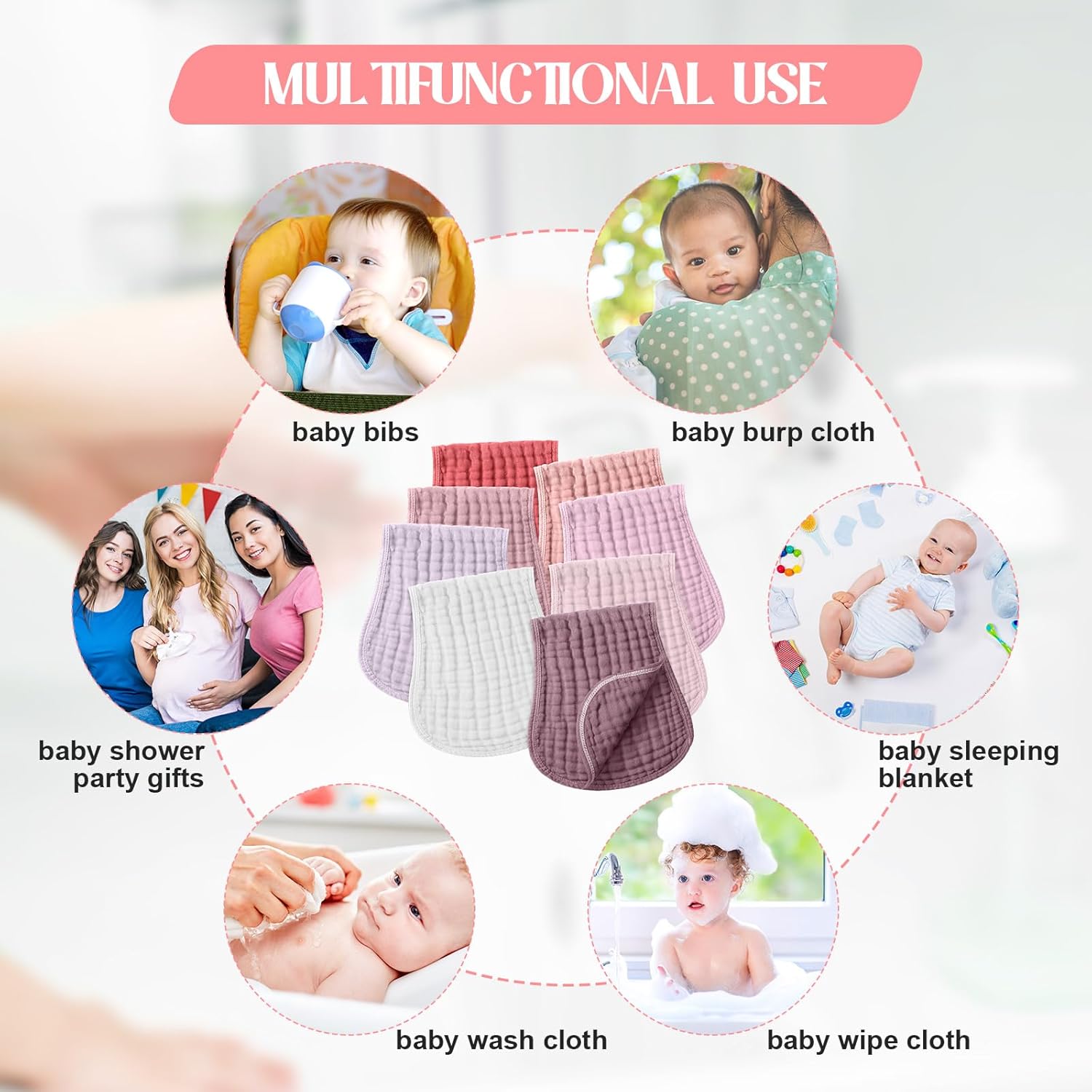 Frienda 8 Packs Muslin Burp Cloths Baby Large 20" x 10" 6 Layers Cotton Burp Rags Absorbent Soft Washcloth for Drool Spit up Pink Face Towels for Newborn Baby Boy Girl Essential Shower Gift - Image 6