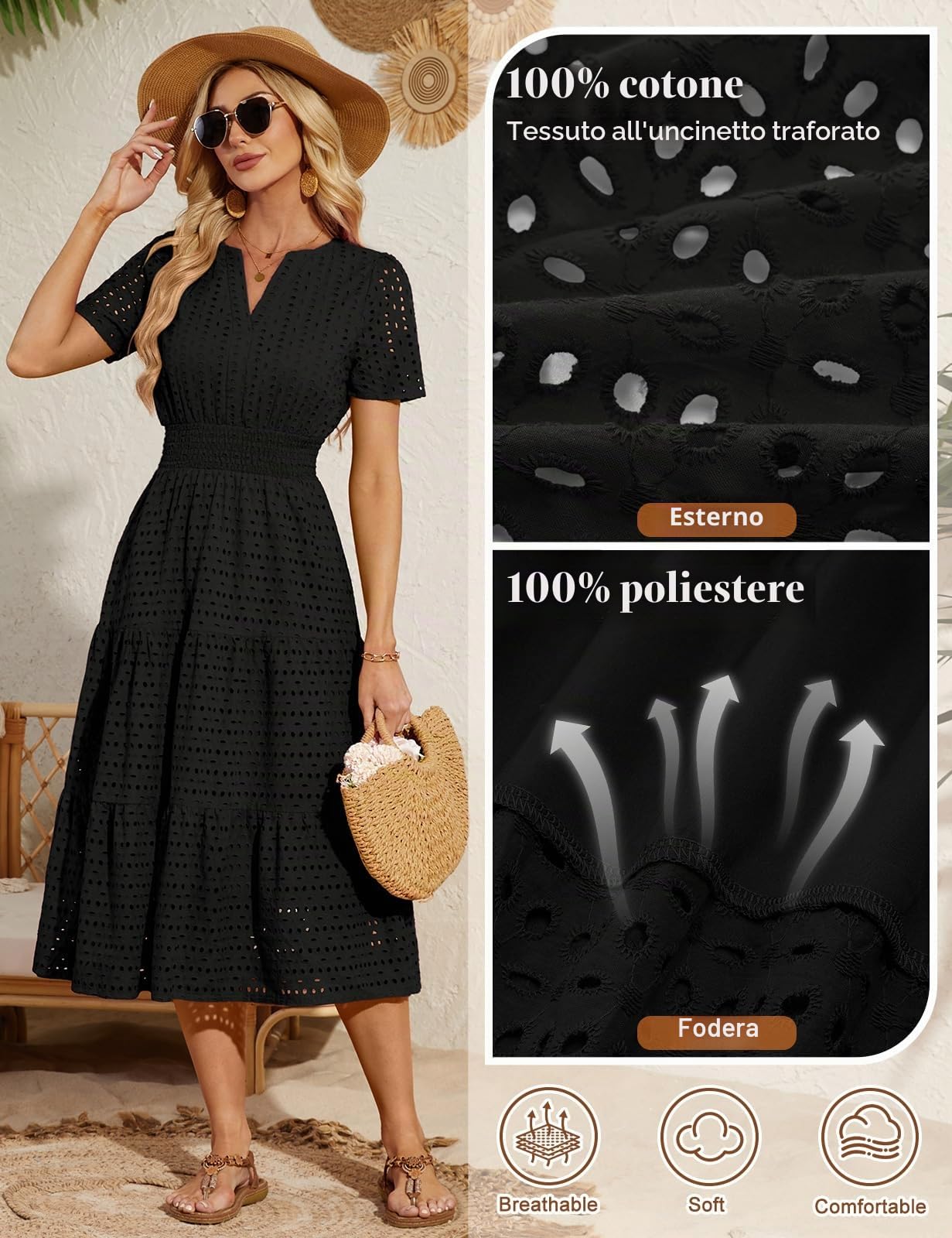 Vestiti Donna Estivi Lunghi Elegante Vestito Cotone Scollo a V Maniche Corte Abiti a Tinta Unita Casual Lungo Abito Mare da Spiaggia con Tasche Vita Elastica A Linea