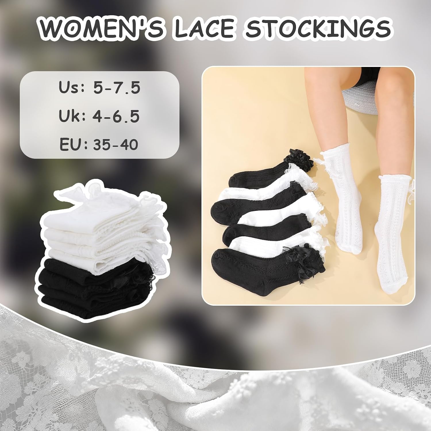 Women Lace Bow Ankle Socks Soft Cotton Ruffle Cute Princess Ankle Dress Lace Sock for Women Girls