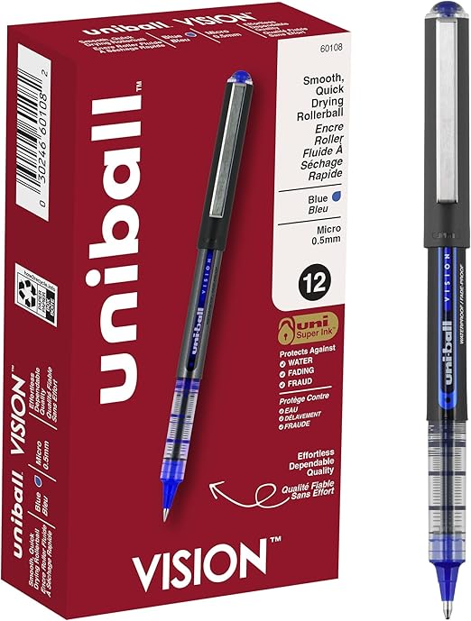 Uniball Vision Rollerball Pen - 12 Pack, Blue Pens, 0.5mm Micro Tip Size - Smooth Writing Japanese Pens, School Supplies