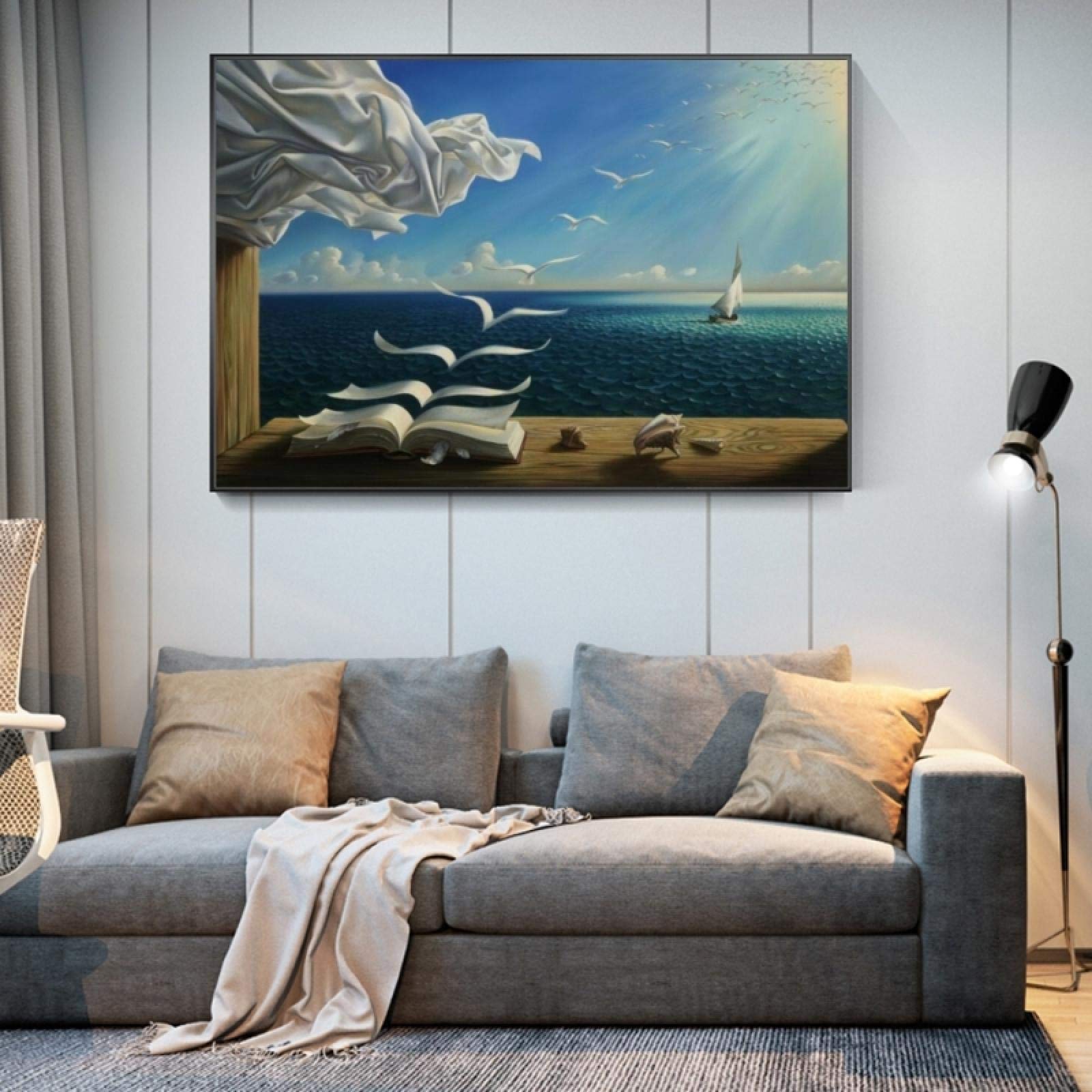Raumdekor Salvador Dali The Waves Buch Segelboot Ölgemälde auf Leinwand Poster und Drucke Wandkunst Bilder 60x90cm (24x35in) Mit Rahmen