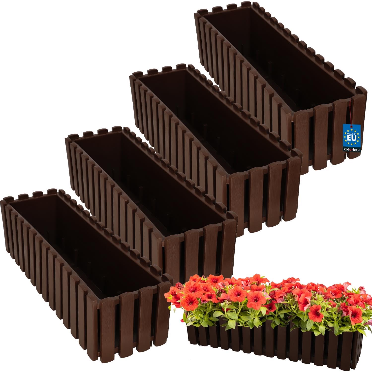 KOTARBAU® 4 pz Fioriera da Esterno - Vaso Fiori - Plastica - 58 x 18 x 16 cm - Marrone - Fioriera da Balcone - Vaso Rettangolare da Esterno - Vasi per Piante