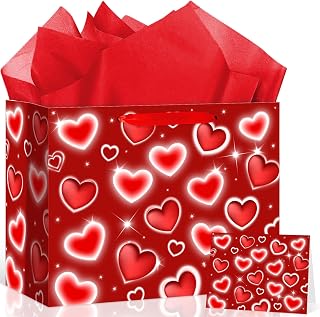 Valentines 2000년대 선물 가방, Y2k 레드 글리터 하트 선물 가방, 2000년대 초반 포장지 가방 Y2k 테마 파티 장식, 손잡이 포함, 카드 및 티슈 페이퍼 생일 파티 용품