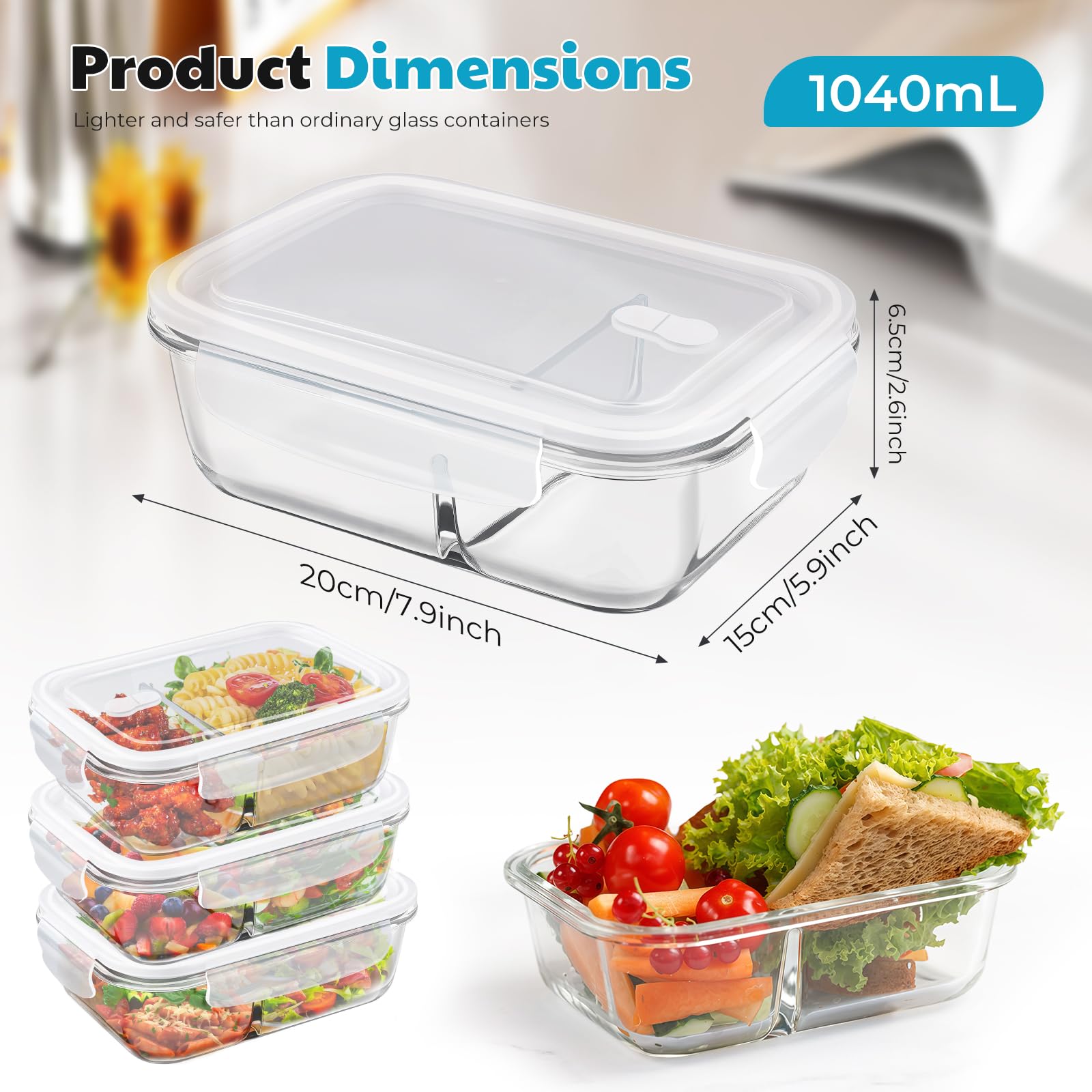 Set 2 Contenitori In Vetro Per Alimenti 1040 Ml Con 2 Scomparti | Coperchi Ermetici Con Guarnizione Silicone | Adatti A Microonde, Forno E Congelatore - 4