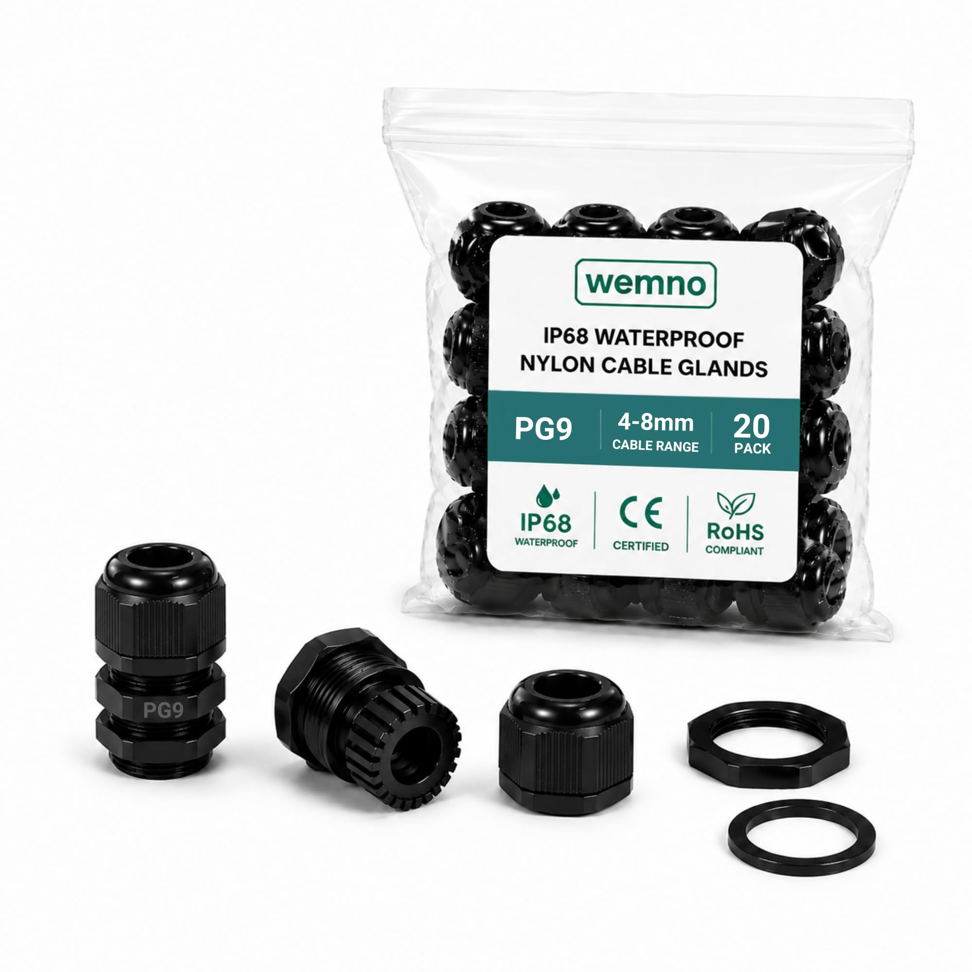 WEMNO PG9 Cable Glands Nylon Waterproof with Locknut and Gasket IP68 Rated PA6 Black Pack of 20 for Electrical Enclosures Junction Boxes and Control Panels