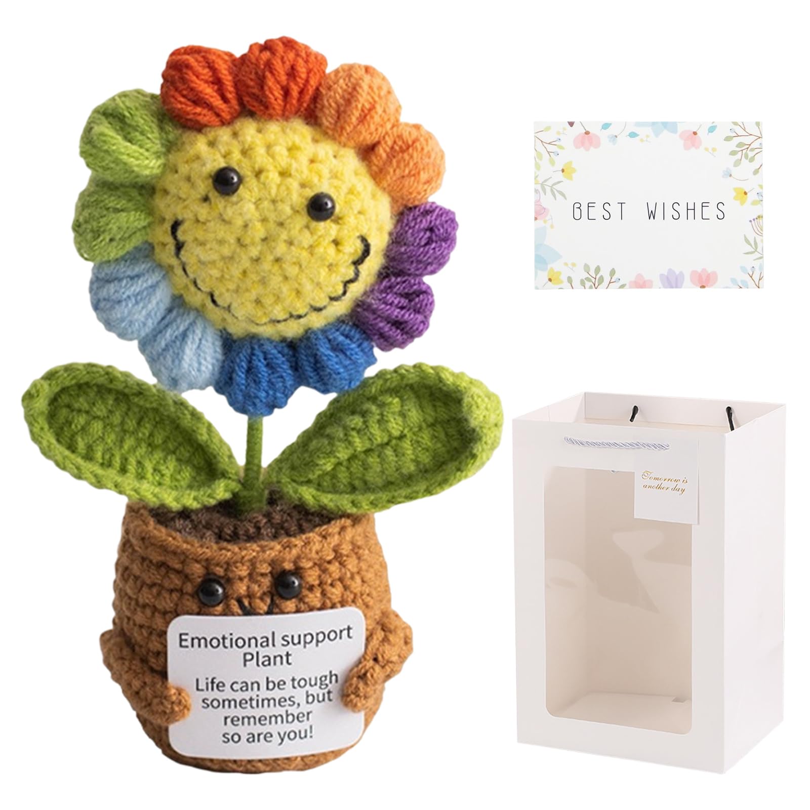 Xazuninsu Women's Green Emotional Support Crochet Sunflower,Crochet Gifts Sunflower With Bag & Card,Emotional Support Plant For Home Office Desk Decor