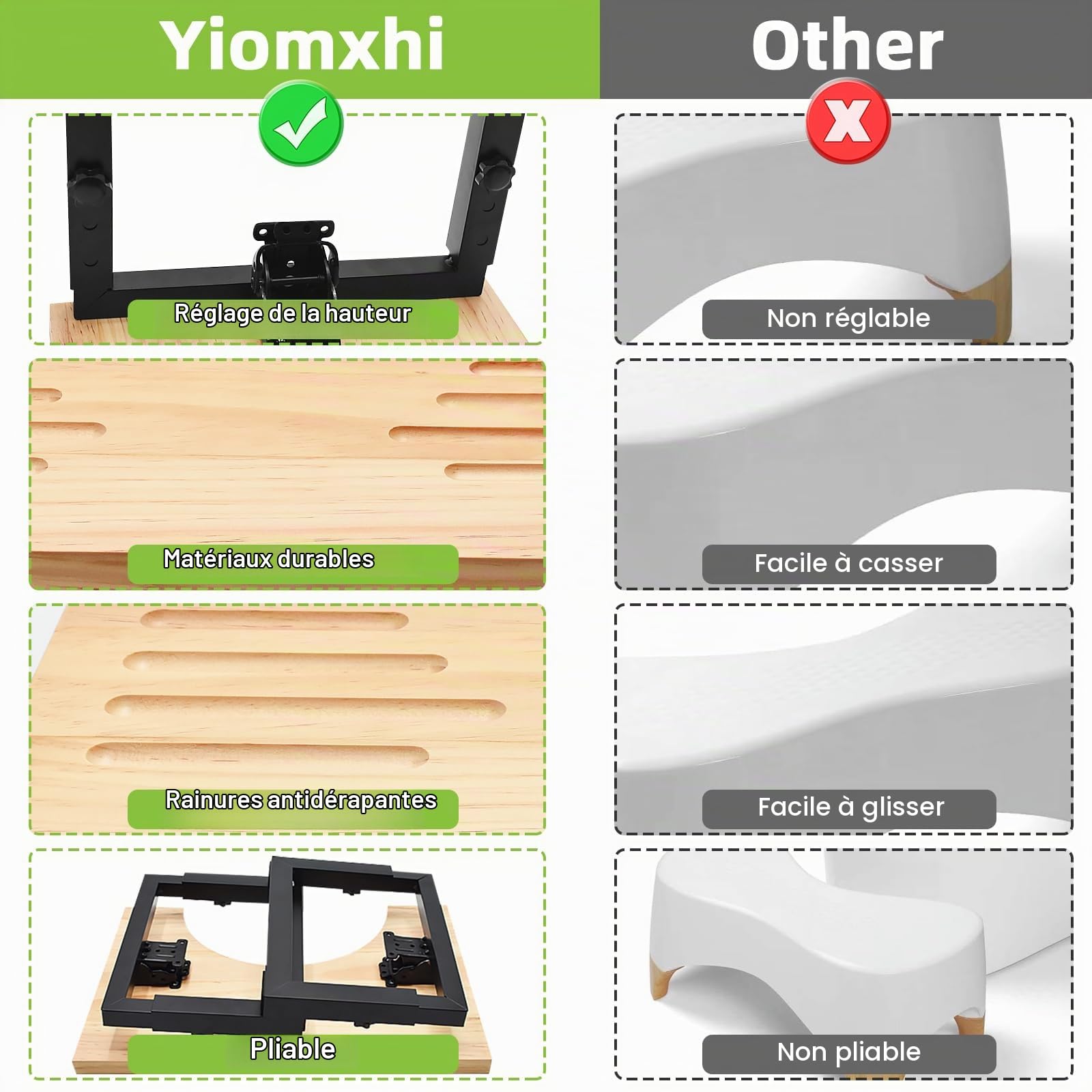 Tabouret Toilette Pliable en Bois, Marche Pied WC à Hauteur Réglable avec Coussinets Antidérapants, Repose Pied Salle Bain pour Adultes Enfant