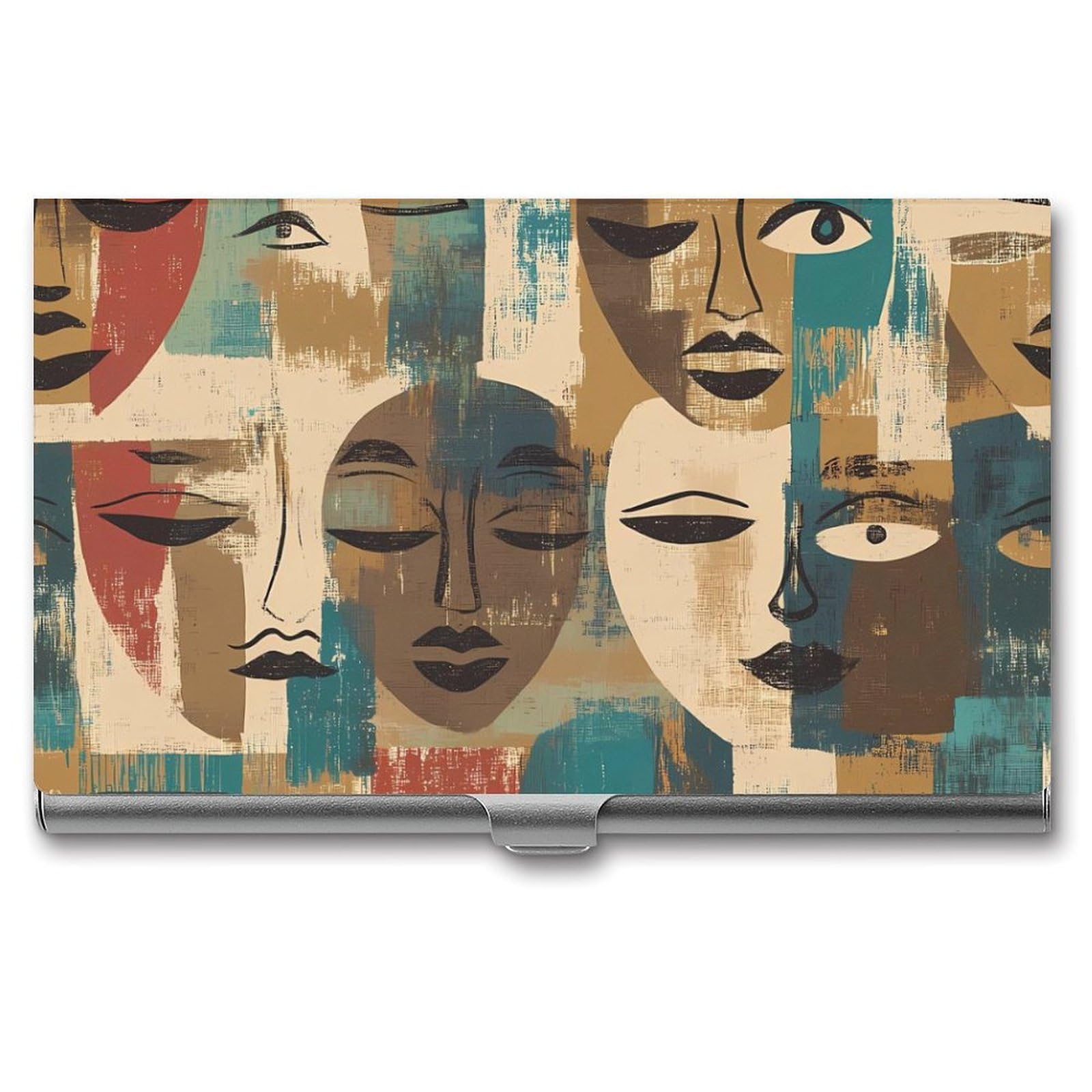 African Faces Art Masks Slim Business Card Holder Wallet for Men & Women Pocket Metal Case 3.7x2.2x0.3 Inches