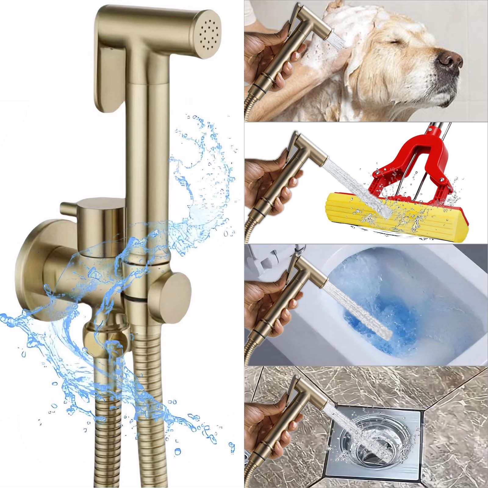 Oro Cepillado Kit de Rociador de Mano para Inodoro, Agua Fría Rociador de Bidé de Mano en Pared Latón Pulverizador de Bidé de Mano con Manguera de 1.5M y Soporte, para Higienico Personal, Duchas(Size: