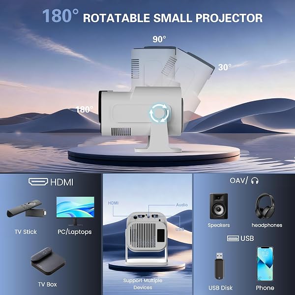 [App intégrée] Vidéoprojecteur 4K 1080P, Mini Projecteur Portable WiFi 6 BT 5.4, Projecteur Full HD 1080P Compatible Con HDMI/TV Stick/Ordinateur Portable, Blanc - 3