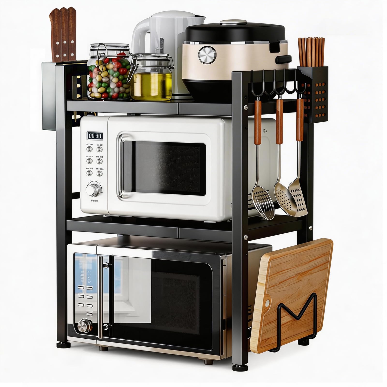 3 Tier Microwave Shelf, Extendable Kitchen Countertop Storage with 6 Hooks