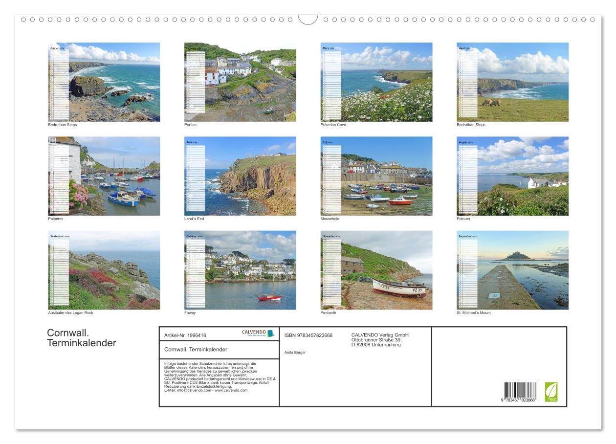 Cornwall. Terminkalender (Wandkalender 2026 DIN A2 quer), CALVENDO Monatskalender: Malerische Küste und Fischerdörfer (CALVENDO Orte)