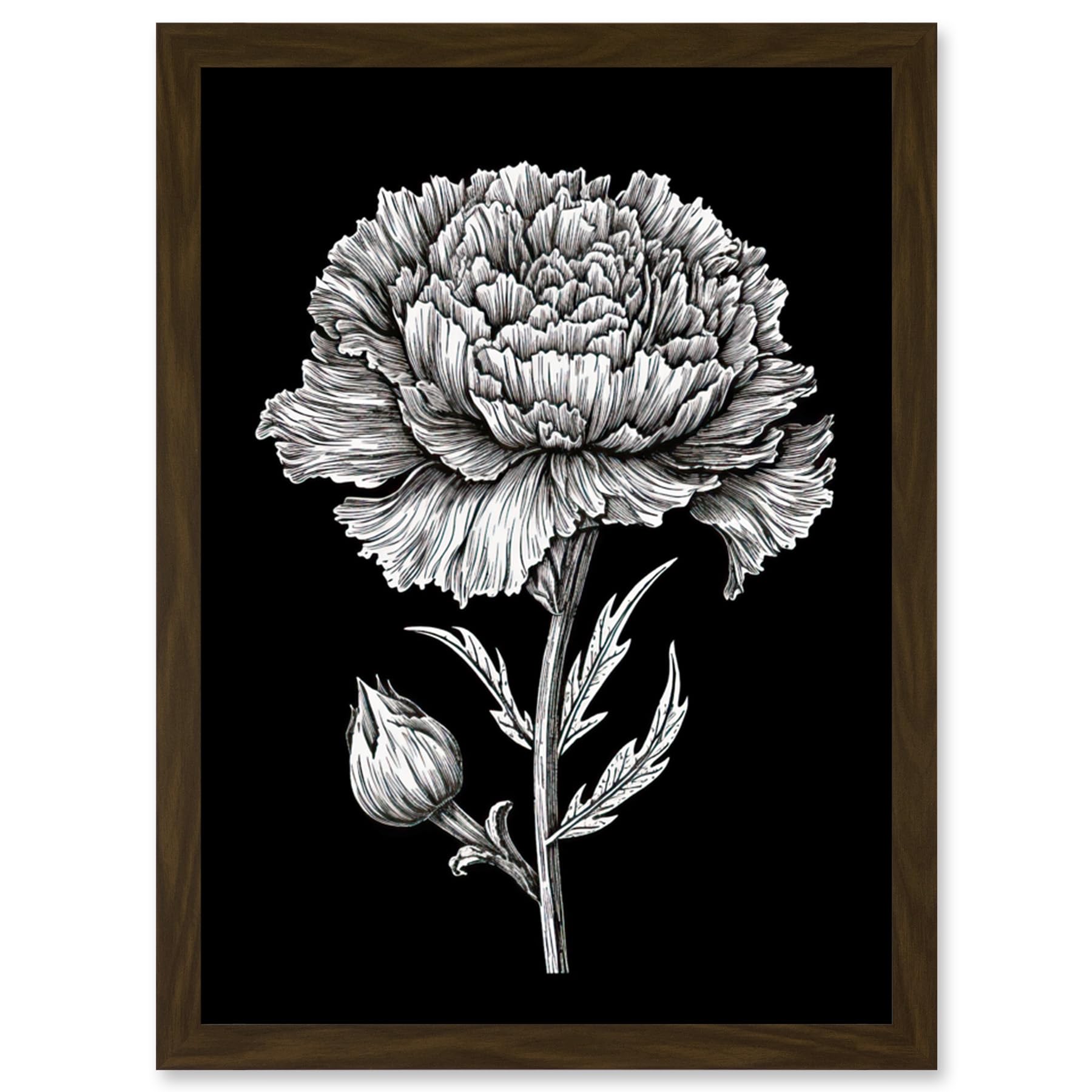Artery8 Carnation Flower Black and White Linocut Print Artwork Framed Wall Art Print A4