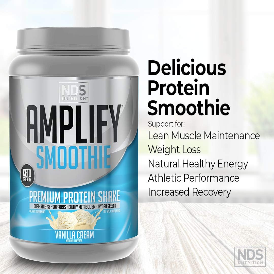 AMPLIFY NDS Nutrition Smoothie Premium Whey Protein Powder Shake with Added Greens and Amino Acids - Build Lean Muscle, Gain Strength, Lasting Energy, and Lose Fat - Vanilla (30 Servings)