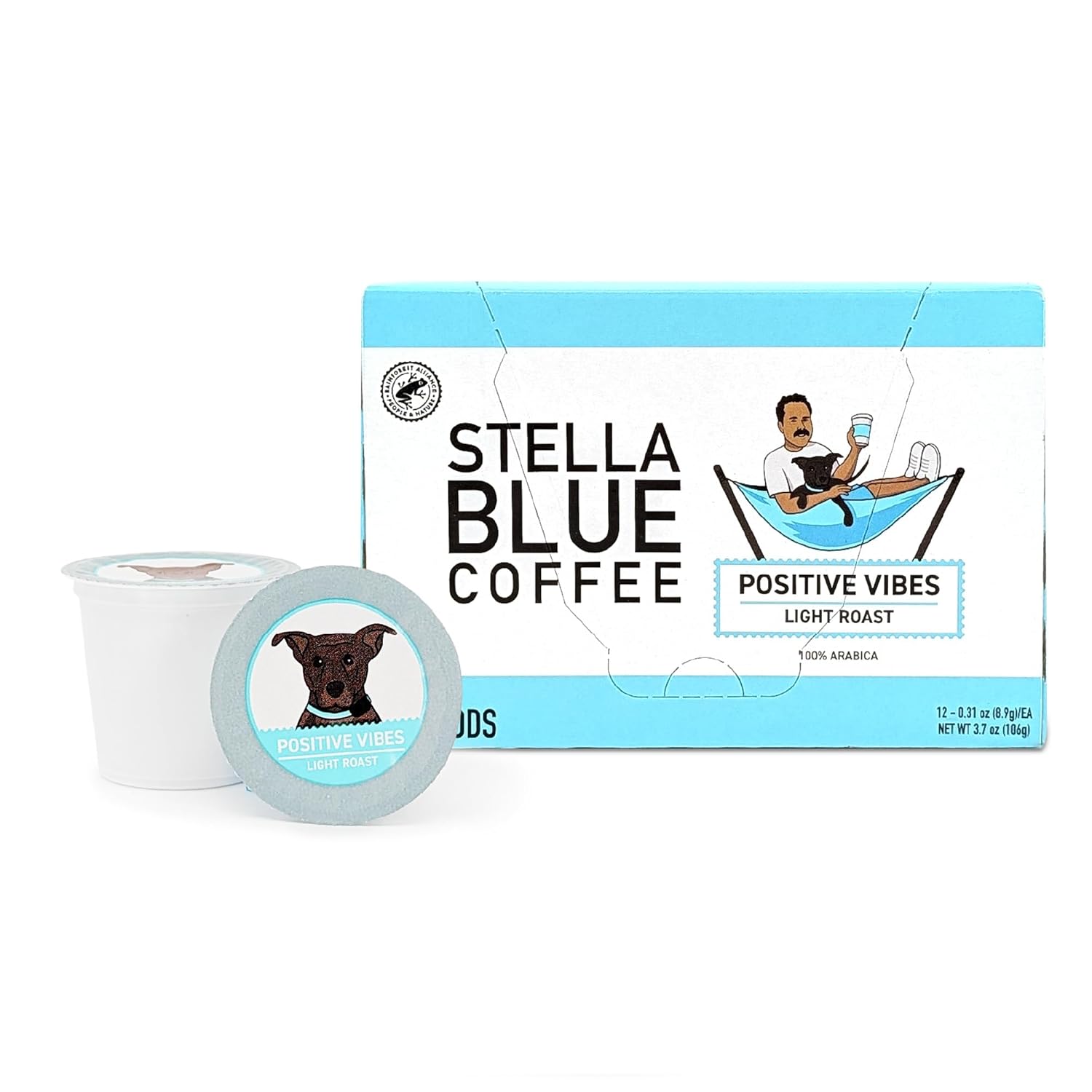 Stella Blue Coffee Pods, Positive Vibes Blend, Light Roast Vanilla, Fruity Notes 100% Arabica Beans, Ethically Sourced from Central and South America, 12 Recyclable K Cup Compatible Pods