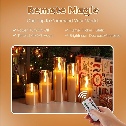Miniatura 4 de Juego de 5 velas de cristal dorado sin llama con pilas remotas, velas LED delgadas parpadeantes
