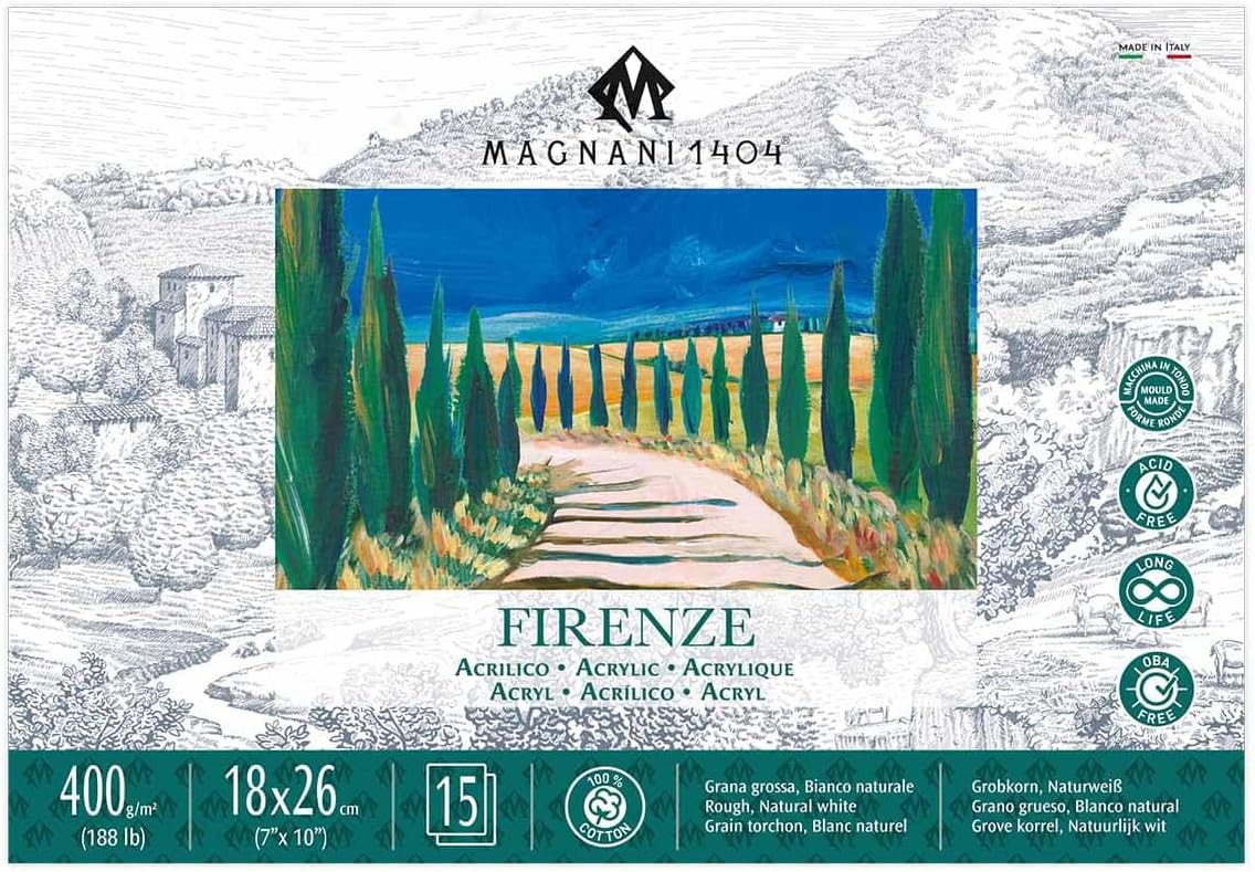 Magnani 1404 Firenze 100% Cotton Acrylic Paint Paper Pad, 7x10 188 lb. 15 Heavyweight Sheets, Rough Texture, Vegan Sizing, Natural White Acrylic Paper Pad for Acrylic, Gouache, Ink & Watercolor