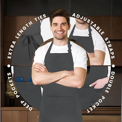 Miniatura 4 de Adjustable Bib Apron 100% Polyester Kitchen Aprons Waterdrop Resistant Aprons with Adjustable Strap, Pockets & Long Ties
