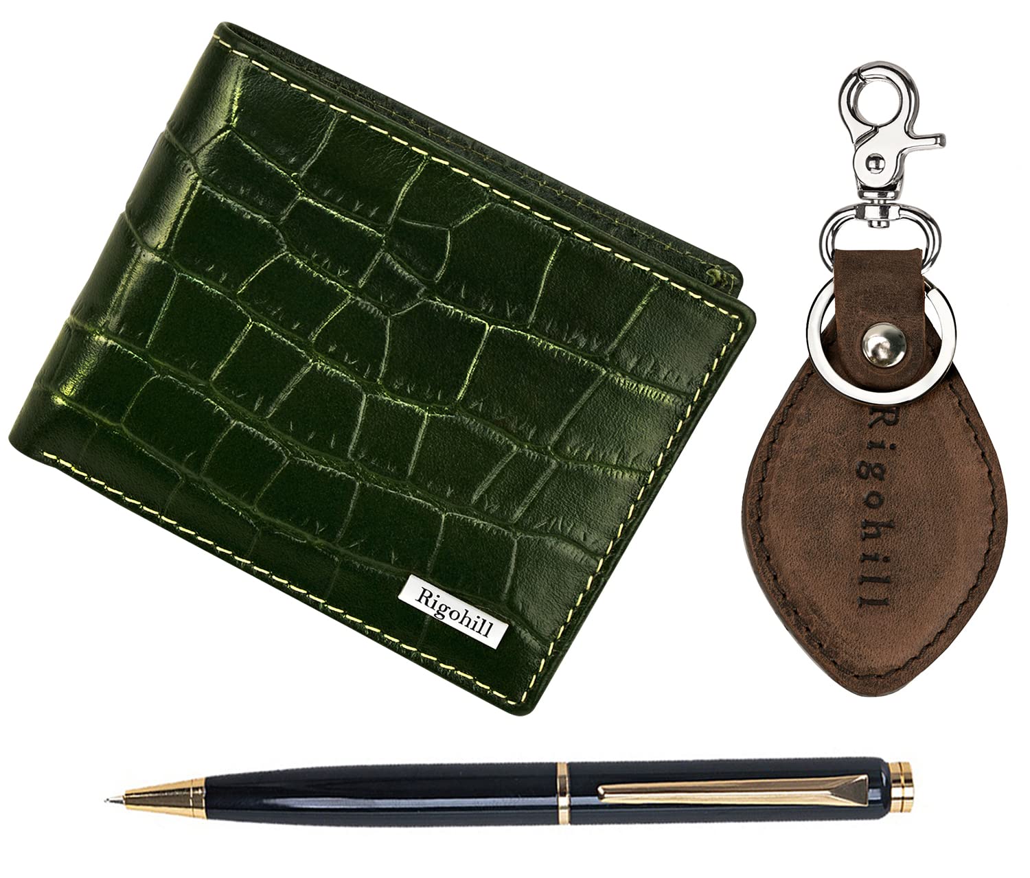 Rigohill Martin Green Leather Wallets for Men, Keyring & Pen Combo Gift Set for Men | Wallet Men Leather Branded