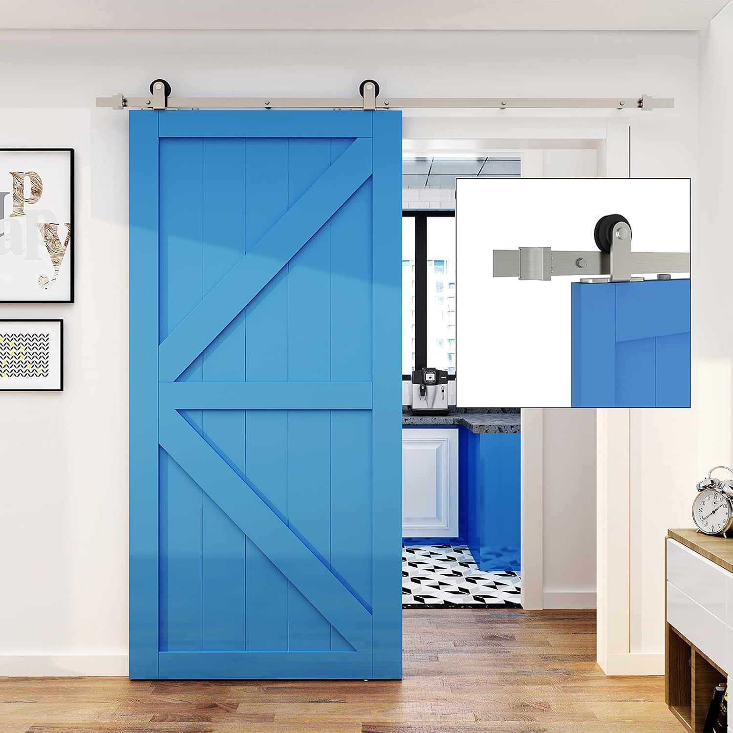 Uр Tо 50% оƒƒ JUBEST Satin Nickel Sliding Barn Door Hardware Kit Single Door Flat Track Kit Top Mounted Roller 8FT