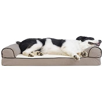 Furhaven Pet Faux Fleece & Chenille Soft Woven Cooling Gel Top Sofa Pet Bed, Large, Cream