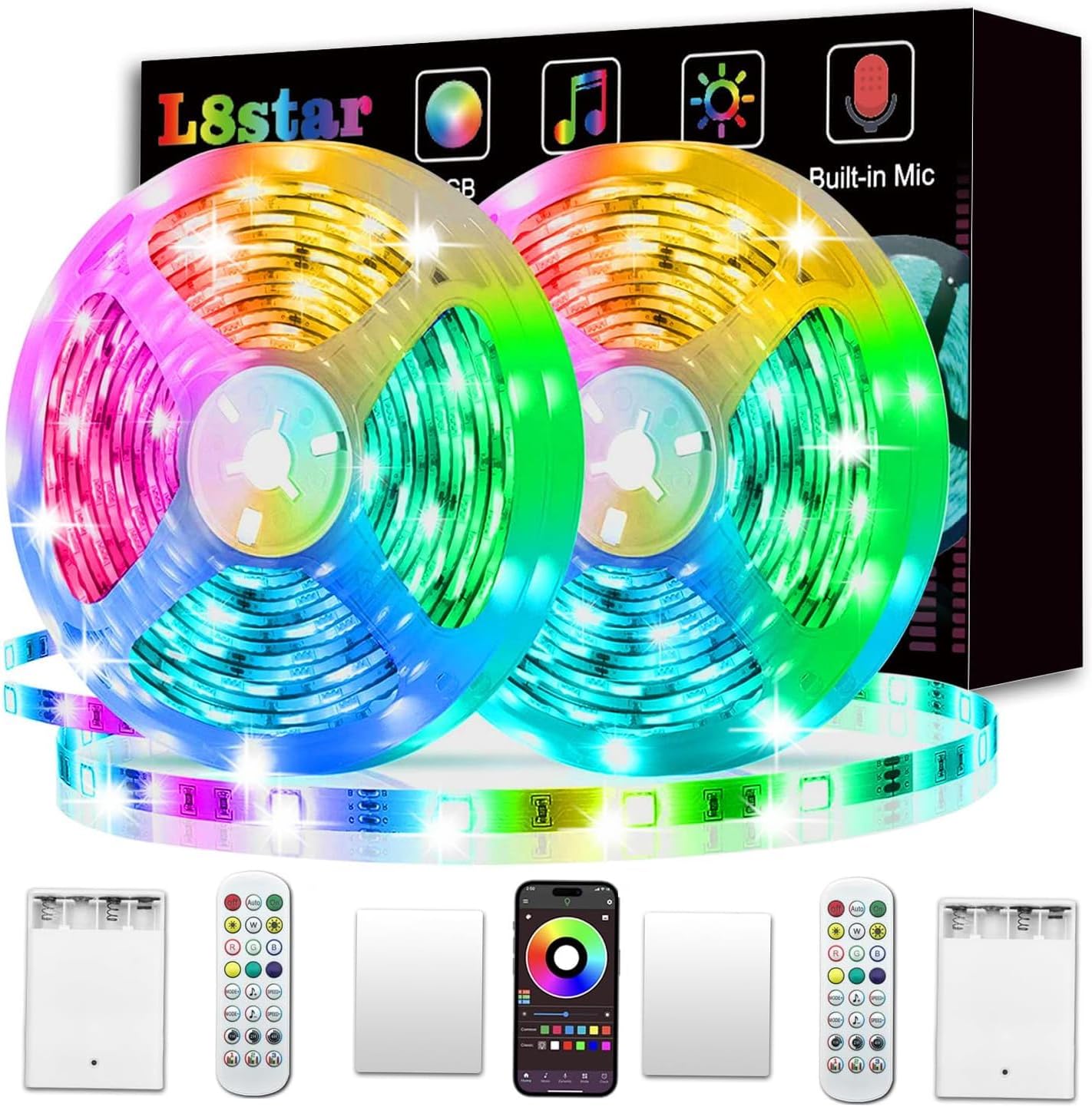 L8star Battery Powered Led Strip Lights, 2x16.4Ft (32.8Ft),Two Sets of Strip Light with 4 AA Battery Box/USB RGB LED Lights, Remote and APP Control