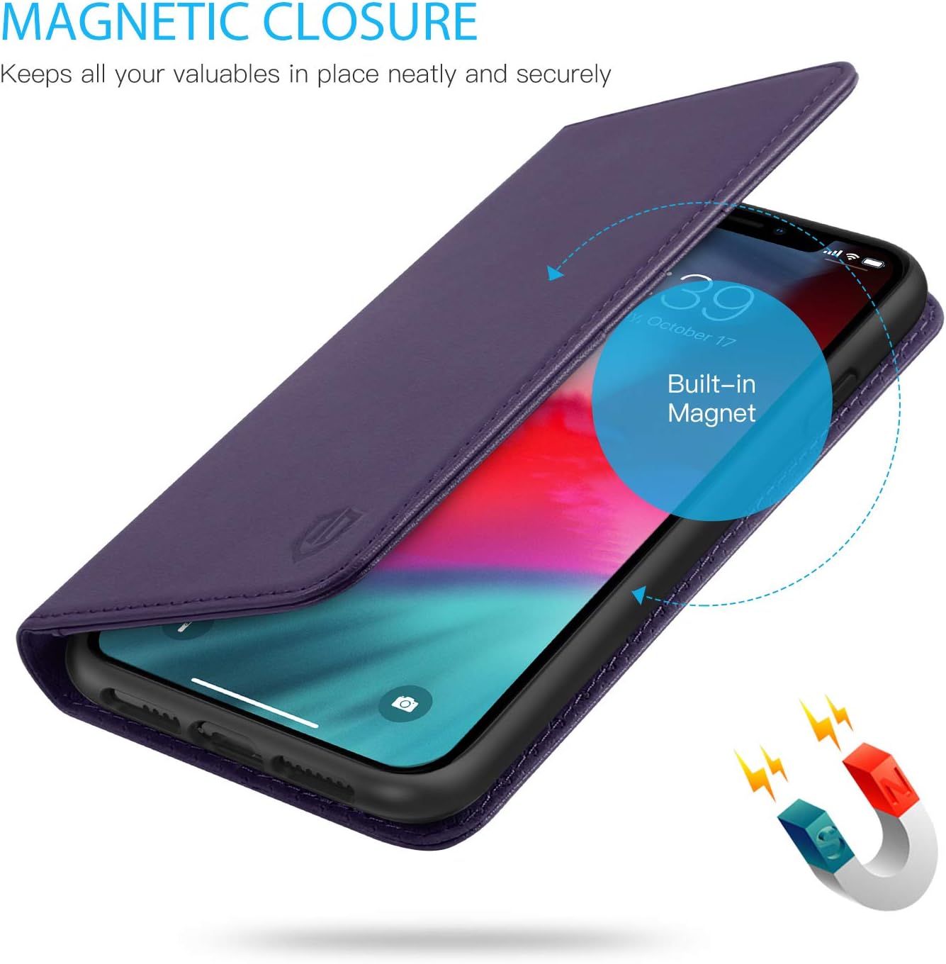 SHIELDON iPhone Xs Max Case, Genuine Leather iPhone Xs Max Magnetic Wallet Case with Auto Sleep Wake Kickstand RFID Card Slots Compatible with iPhone Xs Max (2018 Release) - Purple