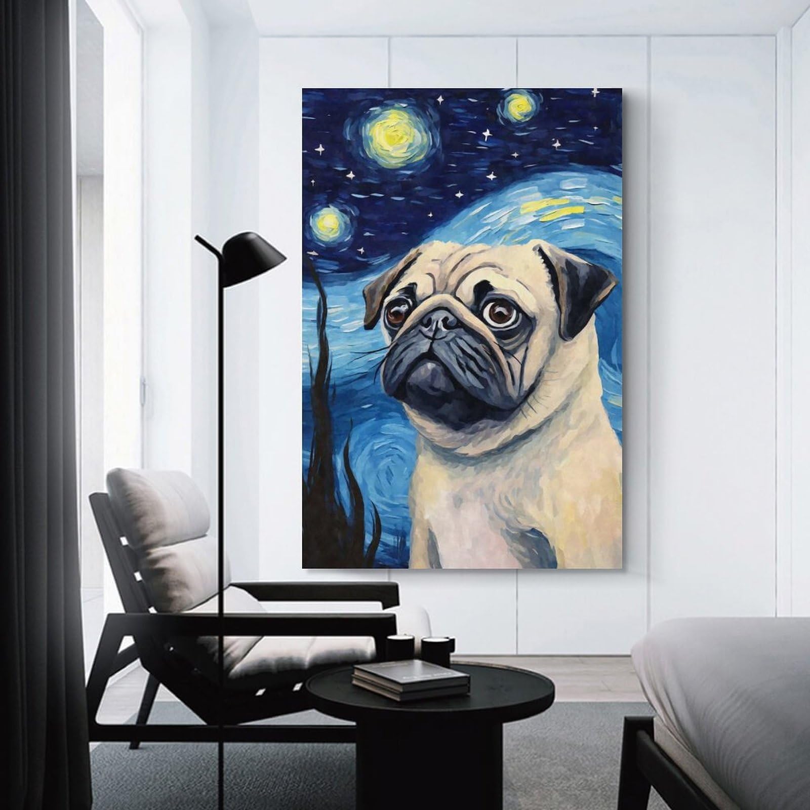 Junmoney Unframe-Style-15-1 Pug Dog Starry Night Home Decor Wall Art, 12X18inch(30X45cm), For Wall Displays, Bedrooms Or Room Updates, Ideal For Building A Coordinated Art Wall