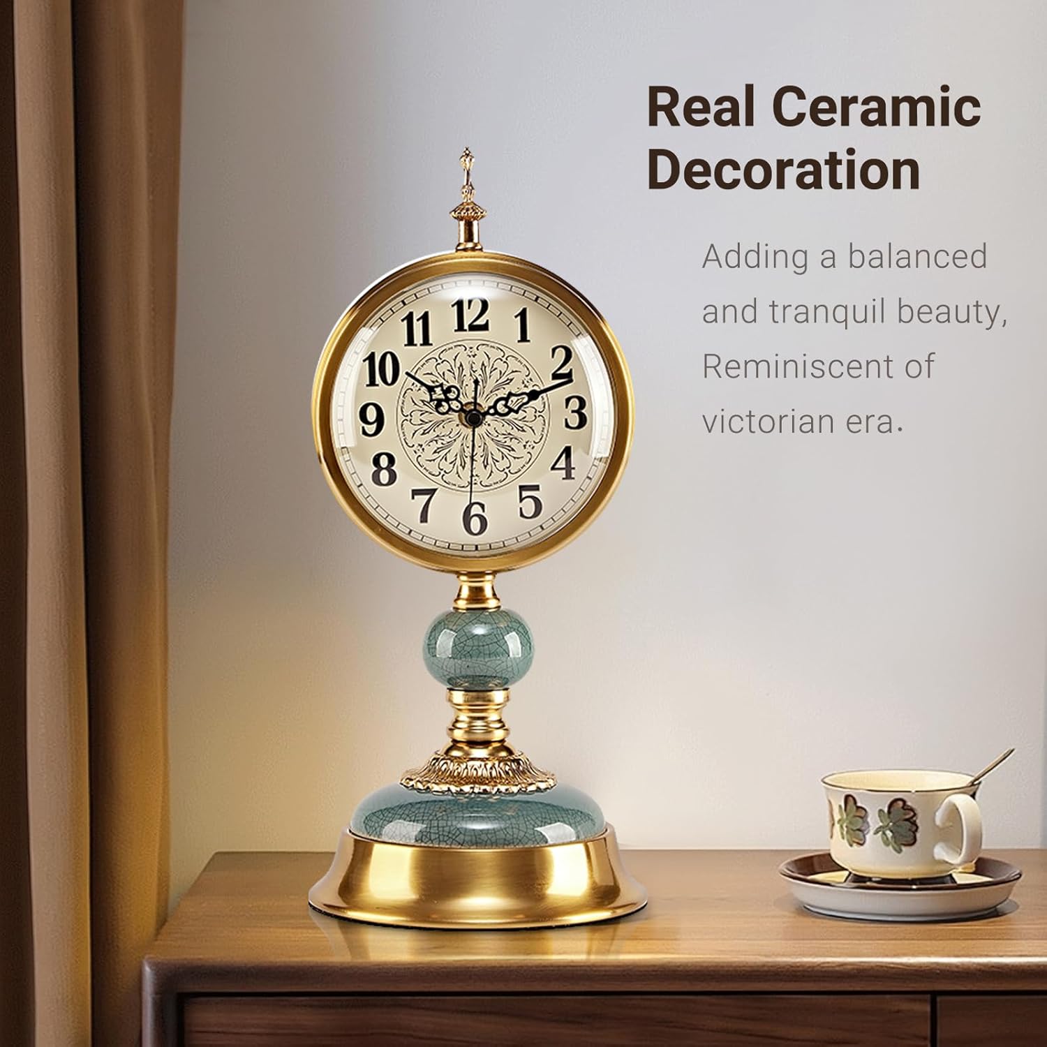 Victorian Vintage 6-Inch Mantel Clock, Antique Anniversary Clock with Ceramic and Metal Body, Retro Mini Grandfather Clock, Silent Desk Clock for Living Room Décor.