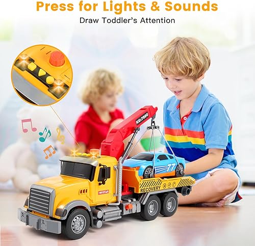 Miniatura 6 de Camión de juguete para niños de 3, 4, 5, 6, 7 años, camión de remolque grande de 15 pulgadas, camión de transporte de juguete con roadster, camiones