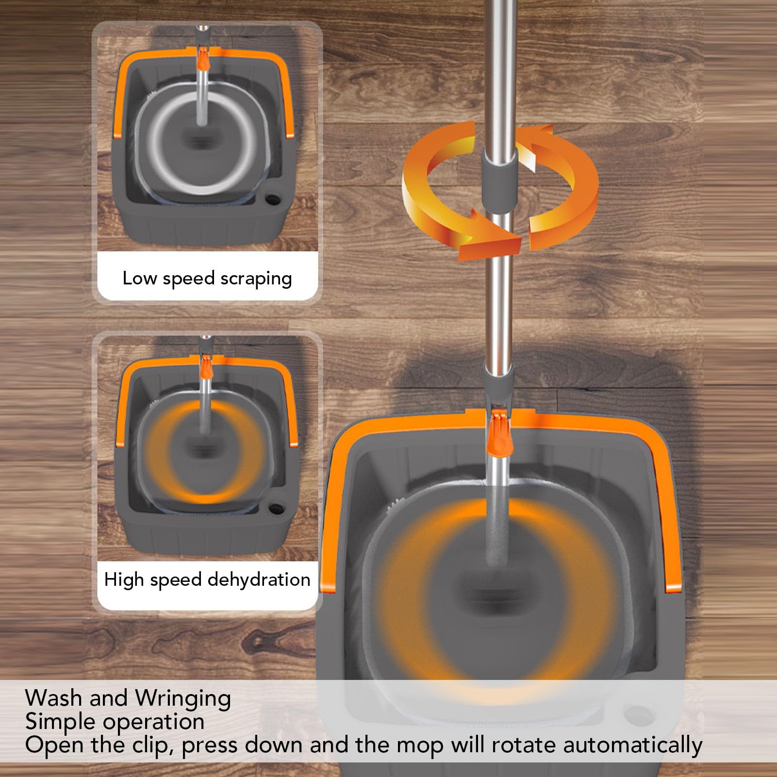 Cubo Fregona Giratorio 360 Grados con Escurridor Automático Separación Agua Limpia y Sucia Juego Cubo Fregona para Suelos de Madera Mármol Azulejos para Hogares, Cocinas, Baños, Oficinas
