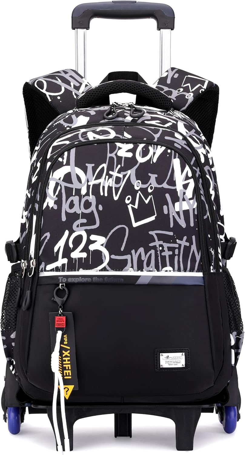 MITOWERMI Kids Rolling Backpack for Boys Girls, Elementary & Middle School Backpack with Wheels, Boys Trolley Roller School Bag Wheeled Bookbag on 6 Wheels, Camouflage Black