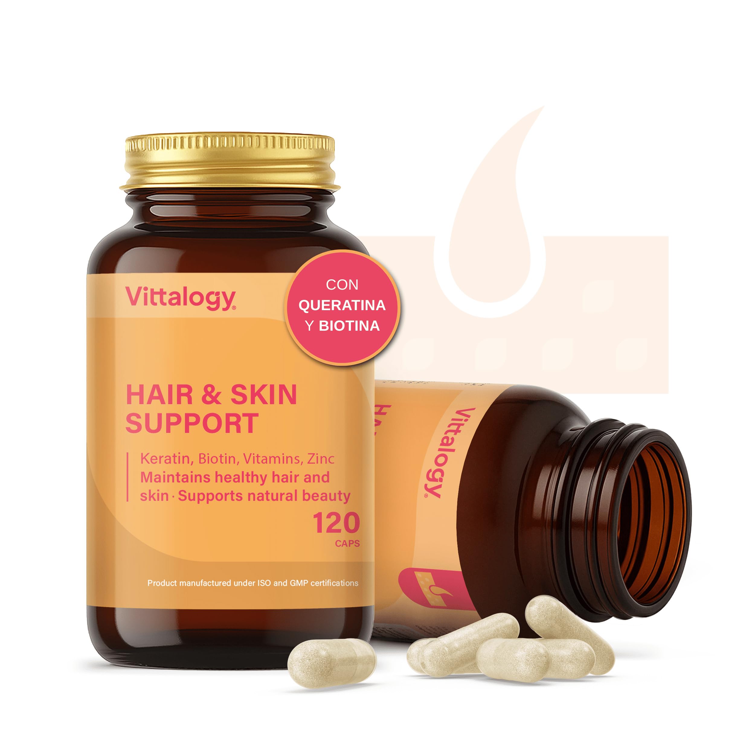 Hair & Skin Support Complemento Alimenticio de Vitaminas, Biotina, Queratina y Zinc para Fortalecer Pelo, Piel y Uñas. Suplemento Natural Contra Caida Cabello de Mujer y Hombre. 360 Cápsulas
