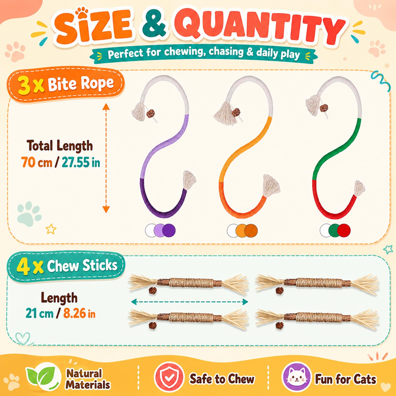 Jouet Chat, 3 Jouet Chat Corde et 4 Pièces Bâtonnets Herbe à Chat, Jouet de Dentition Chaton, Jouet a Macher Chat, pour Grincer des Dents Chats Intérieur Et Nettoyer Les Dents