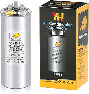 Capacitor for Air Conditioner 55+5 uf MFD 370 or 440 Volt VAC, Multi-Purpose Round Capacitor for AC Motor Run or Fan Motor Start or Condenser Straight