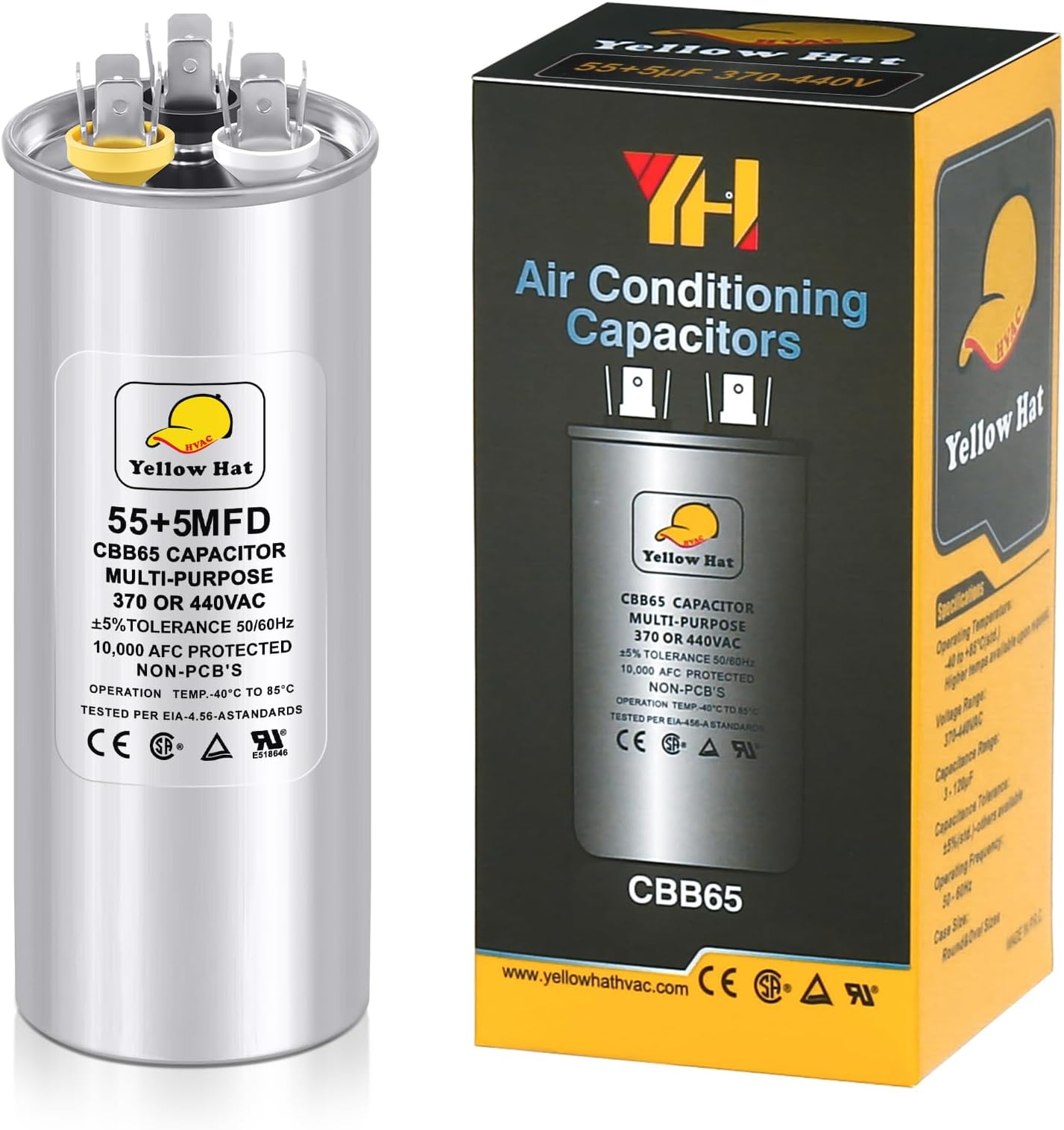 Capacitor for Air Conditioner 55+5 uf MFD 370 or 440 Volt VAC, Multi-Purpose Round Capacitor for AC Motor Run or Fan Motor Start or Condenser Straight