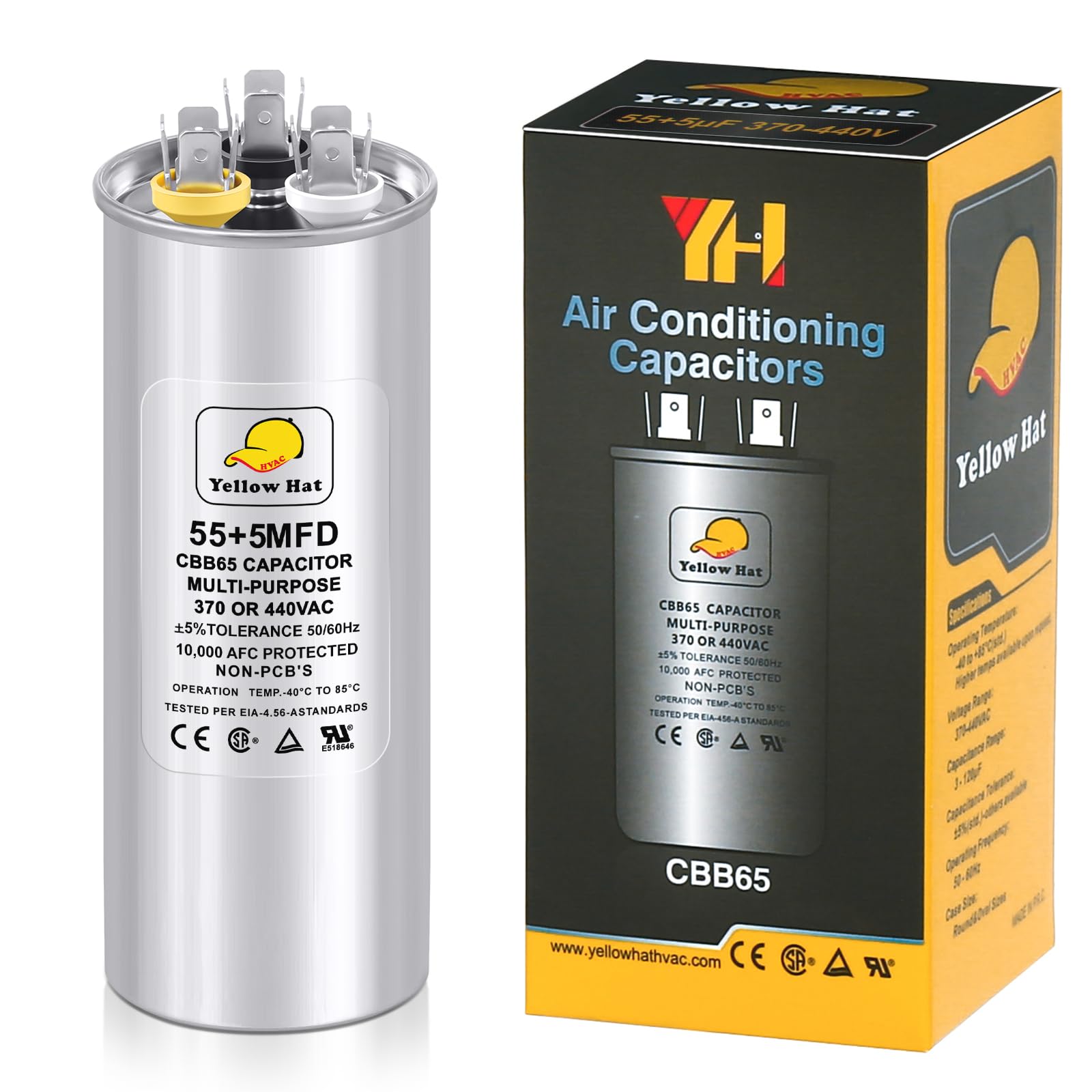 Capacitor for Air Conditioner 55+5 uf MFD 370 or 440 Volt VAC, Multi-Purpose Round Capacitor for AC Motor Run or Fan Motor Start or Condenser Straight