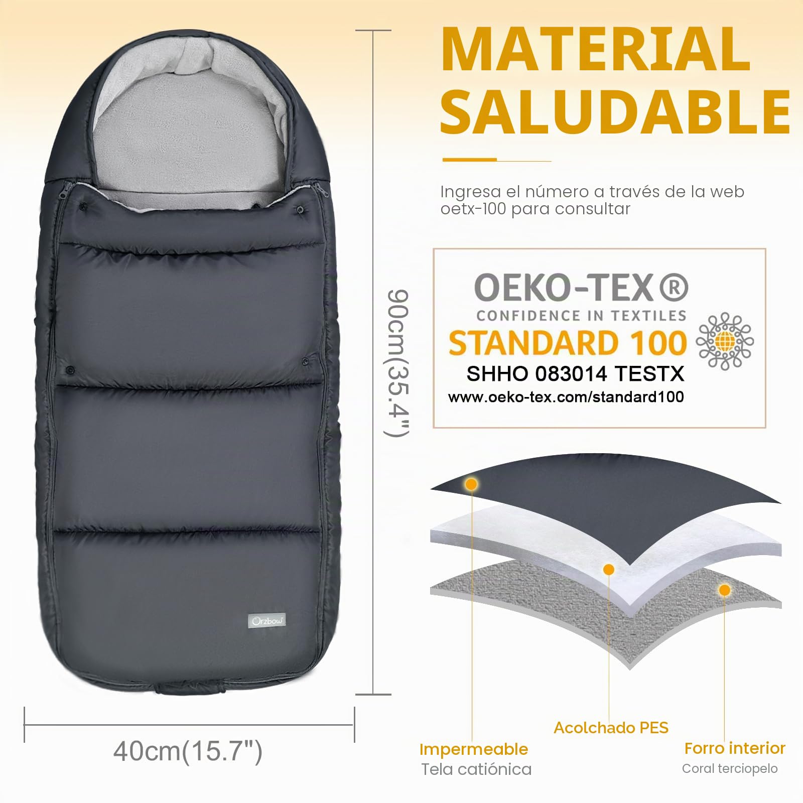 Orzbow Saco Silla Paseo Universal Invierno, Ajustable Saco Carro Bebe con Cremallera y Botones, Impermeable Saco Silla de Paseo con Bolsa de Cordón, Desenfundable, Forro Polar Caliente, Gris Oscuro