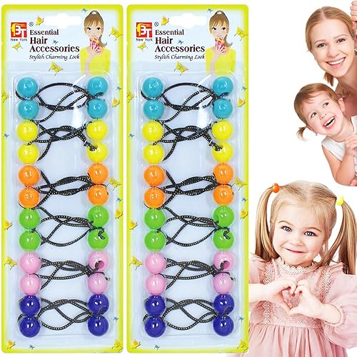 Vista 8 de Beauty Town 24 ligas para el cabello con cuentas de burbujas, soportes para cola de caballo de 0.630 in para niñas y niños, elásticos coloridos